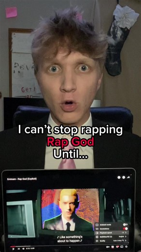 I CAN’T STOP RAPPING RAP GOD UNTIL EMINEM COMMENTS 😭 This is day number 4 at \u00120 speed ‼️ (because turns out YT only lets you increase speed by 5%) - Thanks for watching! I post videos like this everyday so if you enjoyed I’d really appreciate the follow so you don’t miss my new videos! It helps me out a ton! - And if you made it this far… here 🍪 don’t tell the others - #rapgod #eminem #slimshady