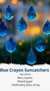 Blue Crayon Suncatchers Ingredients: - Blue crayons - Waxed paper - Embroidery floss or string Directions: 1. Gather your materials: blue crayons, waxed paper, and embroidery floss or string. 2. Select your favorite blue crayons and peel off the wrappers. 3. Use a sharpener to create shavings from the crayons. Aim for a nice pile of shavings to achieve a vibrant suncatcher. 4. Spread the crayon shavings evenly on a large sheet of waxed paper. 5. Cut a second sheet of waxed paper to match the siz