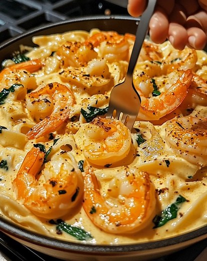 🍤 Creamy Garlic Shrimp Alfredo 🍝 The ultimate comfort food pasta — rich, buttery, and unforgettable! 📝 Ingredients: 10 oz fettuccine pasta 1 lb large shrimp, peeled and deveined 3 tbsp butter 2 tbsp olive oil 4 garlic cloves, minced 1 ½ cups heavy cream ¾ cup grated Parmesan cheese 1 cup baby spinach (optional) ½ tsp Italian seasoning Salt and freshly cracked black pepper to taste Fresh parsley, chopped (for garnish) 🍴 How to prepare it: 1️⃣ Cook the pasta: Boil fettuccine in salted water un