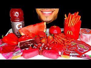 ASMR EATING RED FOODS FOR 24 HOURS JERRY NO TALKING RED VELVET CAKE POP ROCKS MCDONALDS FRIES FRUIT