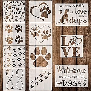 Outus 11 Pieces Dog Paw Print Stencils Trail of Paw Prints Stencil Love Dog Reusable Painting Templates with Metal Open Ring for DIY Scrapbooks Painting on Wood Wall Home Supplies