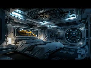 Space Station Bedroom with Spaceship Hangar View. Sci-Fi Ambiance for Sleep, Study, Relaxation