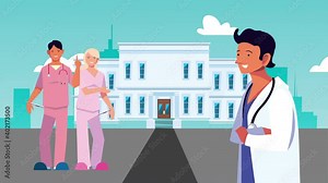 professionals doctors staff and hospital building animation