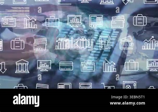 Animation of data processing and business icons over hands using computer. Global business and digital interface concept digitally generated video Stock Video Footage - Alamy