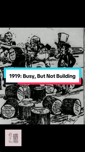 This political cartoon was printed in 1919, right after World War I. The House and Senate are shown sawing wood, hard at work on something called American Policy. But instead of building, they’re cutting it into pieces. Around them are the actual issues people were desperate about at the time. Soldiers’ pay and land. The high cost of living. Jobs. Food prices. Suffrage. Public control versus private profit.At the time, “sawing wood” was a polite way of saying someone looked busy without producin