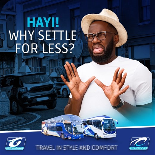 Hayi! Why settle for less when you can travel in style and comfort with Greyhound and Citiliner Plus. 🚌😎​ Contact us at bookings@greyhound.co.za or bookings@citilinerplus.co.za or call us at 011 611 8000 to buy your tickets. 📞 👍​ #Greyhound #HalalaGreyhound #HalalaCitilinerPlus #GetYourTickets #LuxuryTravel | Greyhound
