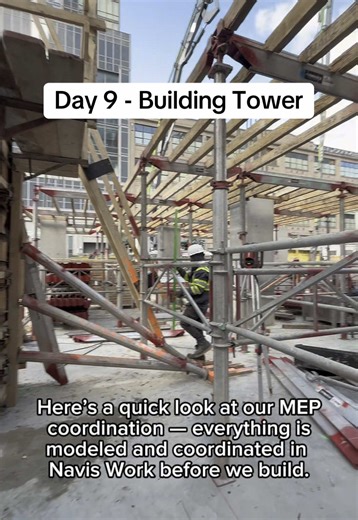 Day 9 - columns and shear walls poured. Decking and shoring next for the second floor. Everything is coordinated in Navis before we build. Follow to watch 38 stories rise. #highrise #skyscraper #concrete #building #mep
