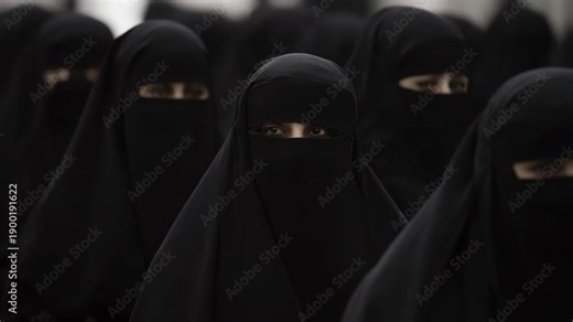 Afghan women wearing black niqab, only eyes visible, central woman perfectly centered and facing camera, intense direct gaze, surrounding women tightly packed around her forming 4K