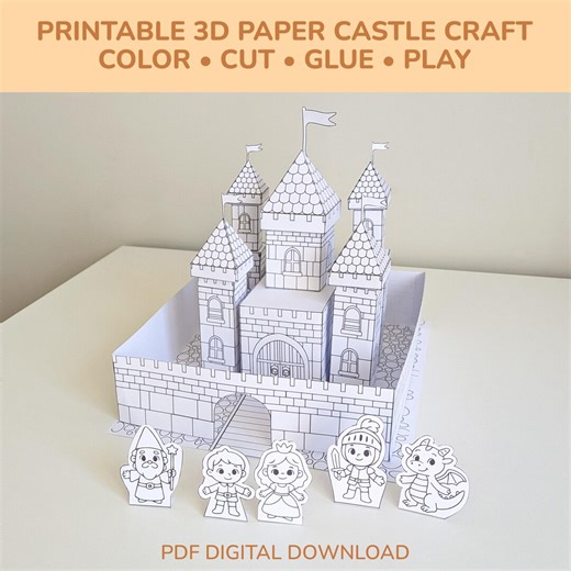 Printable 3D Paper Castle Craft for Kids | Color Cut & Glue Medieval Castle | Black and White Coloring Activity PDF | Paper Dolls Playset - Etsy