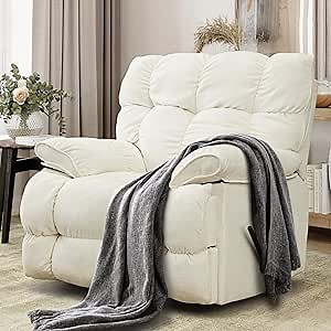 Oversized Rocker Recliner Chair for Adults, Overstuffed Breathable Fabric Extra Wide Rocking Recliners, 360° Swivel Rocking Big Single Sofa, Large Manual Recliner Chairs for Living Room(White)