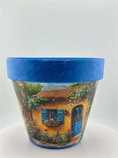 Mediterranean Decoupage Flower Pot With Blue Rim/cottage House Planter/rustic French Country Decor - Etsy