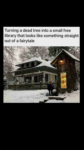 Turning a dead tree into a small free library that looks like something straight out of a fairytale
