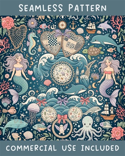 Teal Mermaids Seamless Pattern Repeat Fabric Pattern Digital Paper Sublimation Design for Scrapbooking Digital Download PNG Under the Sea - Etsy