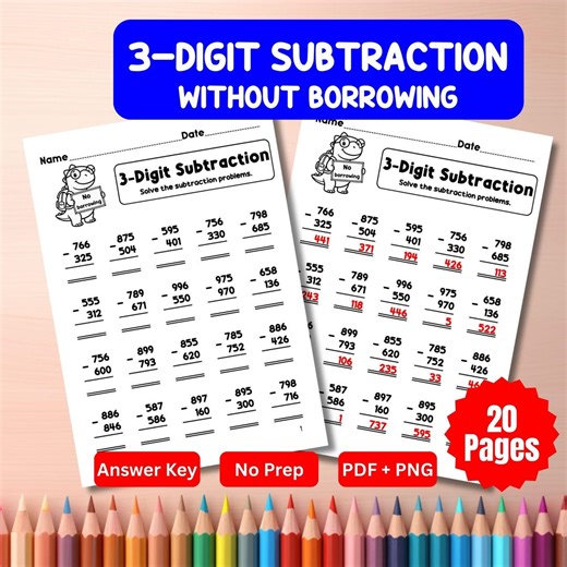 3-digit Subtraction Without Borrowing Worksheets | No Regrouping | No Prep Math (20 Pages) - Etsy
