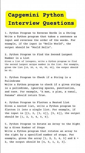 Capgemini Python Developer Interview 5 Coding Questions #pythoninterviewquestions #pythonprogram