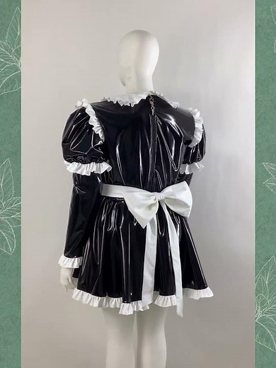 Sissy Lolita Style Maid Outfit Wetlook PVC Leather Bow Knots Pleated Maid Dress with Lock 9133