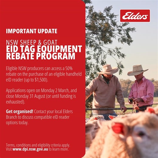NSW Sheep & Goat eID Equipment Rebate – Live from today! 🐑 The NSW Government has announced a $2m funding package for a NSW Sheep and Goat eID Equipment Rebate. Eligible NSW producers can claim a 50% rebate (up to a maximum of $1,500) on the purchase of an eligible handheld eID reader. Applications open today 2 March 2026, and close 31 August 2026 (or until funding is exhausted). For more information visit: https://www.dpi.nsw.gov.au/dpi/biosecurity/your-role-in-biosecurity/primary-producers/nl
