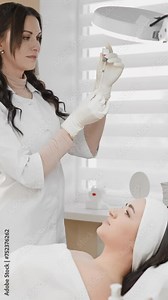Beautiful cosmetologist doctor preparing to inject botox on patient's face, providing her youth and beauty in the clinic of beauty and skin health