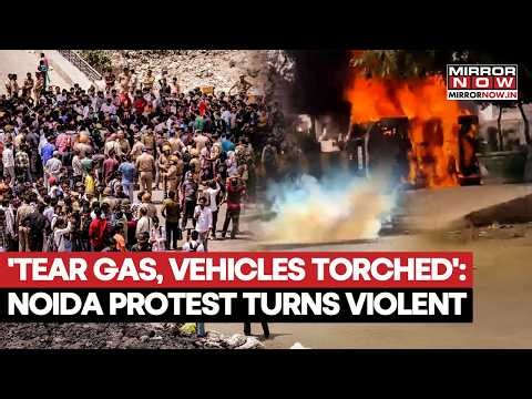 Noida Protest For Salary Hike Turns Violent: Protestors Clash With Police Pelt Stones, Burn Vehicles