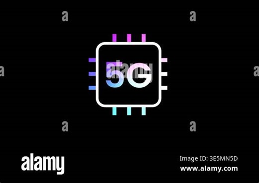 A neon colored computer chip icon features the five G text in the center to highlight the hardware and processing power required for the technology Stock Video Footage - Alamy