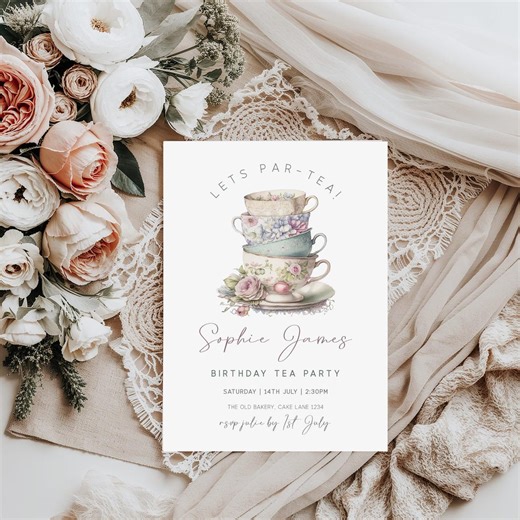 Afternoon Tea Birthday Invitation Template | Tea Party Invite Editable | Floral Teacup Invite | Let’s Par-tea | Printable Invite | 235 - Etsy