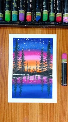 Colorful Night Scenery Drawing🌙🌌 #artshorts #night #drawing #viral #painting
