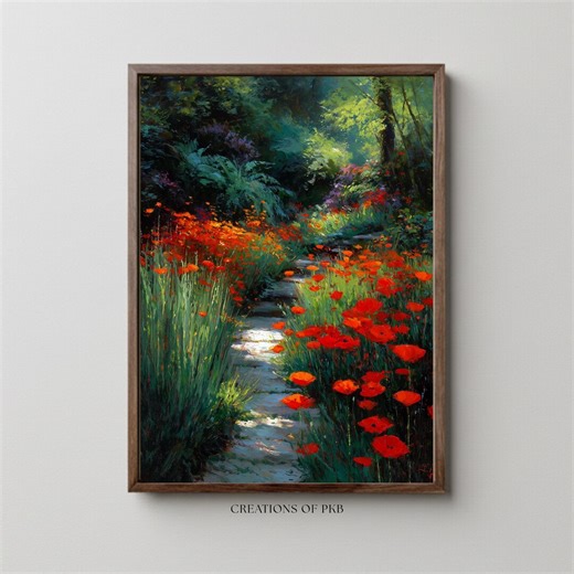 Red Poppy Garden Path Art Print | Impressionist Landscape - Etsy