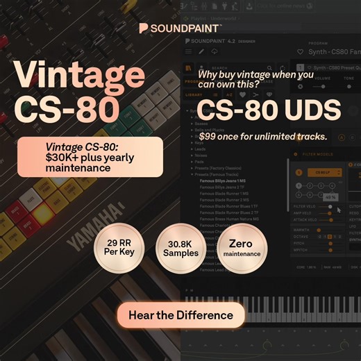 Bring the sound of the most iconic synth in history straight into your DAW. CS-80 UDS captures every nuance, layer, and modulation of the original — in stunning detail. Vintage tone, modern playability, endless inspiration. | Soundpaint