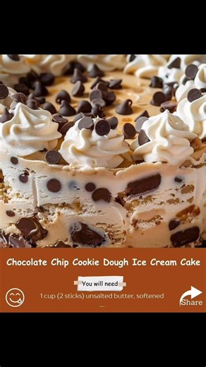 Chocolate Chip Cookie Dough Ice Cream Cake Layers of chewy cookie dough, creamy vanilla ice cream, and a rich chocolate ganache — no baking required! 🍰 Ingredients For the Cookie Dough Layers: 1 cup (2 sticks) unsalted butter, softened 1 cup brown sugar, packed ½ cup granulated sugar ¼ cup milk 1 teaspoon vanilla extract 2½ cups all-purpose flour (heat-treated if desired) 1½ cups mini chocolate chips ½ teaspoon salt For the Ice Cream Layer: 1½ quarts (about 6 cups) vanilla ice cream, softened F