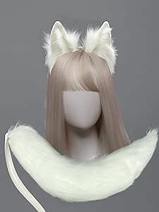 Handmade White Wolf Ears and Tail Set,Animal Tail and Ears set,Cosplay accessory, Halloween Christmas Fancy Party Furry Costume, Funny Gifts