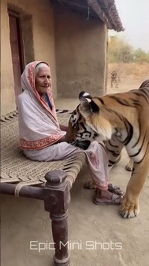 Elderly Woman Faces Two Tigers Outside Her Mud House