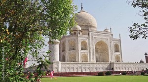 Front of the taj mahal mausoleum with the park in agra, india