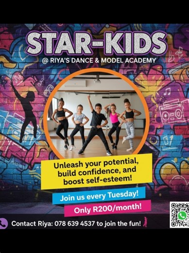 STAR-KIDS Riya's Dance & Model Academy Unleash your potential, build confidence, and boost self-esteem! Empower your child with creativity, movement, and self-expression at Star-Kids! 🚀👧👦💃🕺 Join us every Tuesday for dance & model classes designed for kids. 📞 Contact Riya: *078 639 4537* to join the fun!