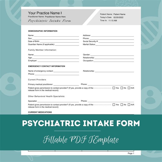 Psychiatric Intake Form PDF Template for Psychiatrists, Nurse Practitioners, and Other Mental Health Professionals | Fillable / Editable PDF - Etsy