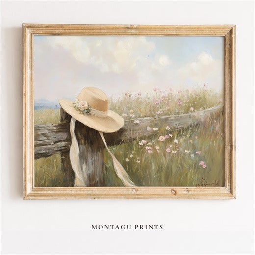 Rustic Summer Sunhat on Fence Post - Cottagecore Vintage Wall Art, Soft Pastel Printable, Cozy Country Decor, Digital Download 598