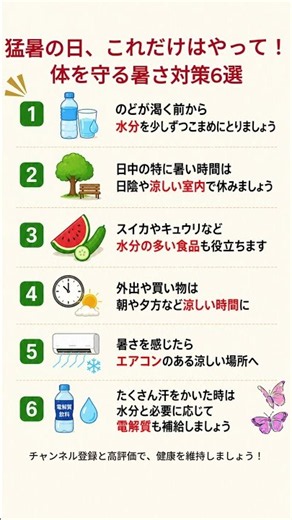 猛暑の日、これだけはやって！体を守る暑さ対策6選 #猛暑 #熱中症 #熱中症対策 #暑さ対策 #水分補給 #夏バテ #高齢者 #シニア健康 #健康習慣 #健康情報 #夏の健康 #shorts