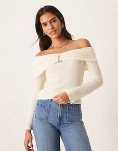 ASOS DESIGN Supersoft brushed rib hardware detail off shoulder jumper - WHITE | ASOS