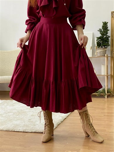 Renaissance Linen Maxi Circle Skirt With Flounce, Handmade Peasant Skirt, Modest Cottagecore Women Skirt, Festival LARP Historical Outfit - Etsy