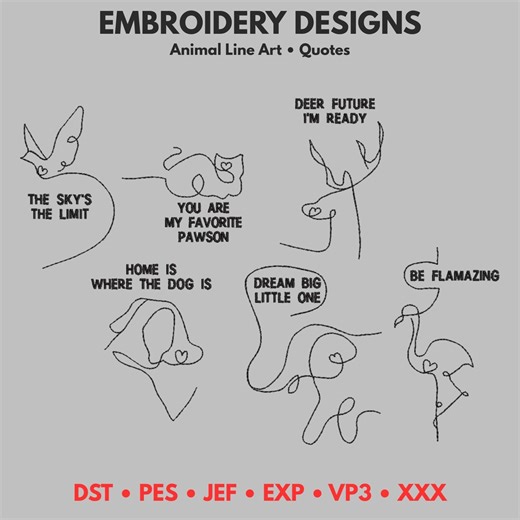 One Line Animal Embroidery Designs Bundle – Minimalist Line Art Quotes – Instant Download - Etsy