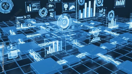 Futuristic digital network grid with glowing data nodes hologram charts layered circuit pathways conveying analytics connectivity. blue illuminated circuit grid with three translucent square modules
