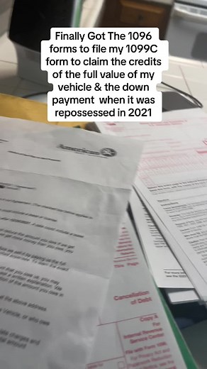 Finally got my 1096 forms mailed to me from the IRS to claim the credits of my repossession of my 2019 Nissan Versa… I would get back my down payment & full value of my vehicle! If you don’t file both forms along with filling them out correctly and send it to the right processing center based off the state you live in; you can look on the back of the 1096 form to get the exact address to mail both forms…the red copy (part A) of the 1099 C only, the part B you keep and part C you mail off to San 