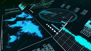 A volumetric 3d rendering of a spinning radar screen with waving sinusoids, moving line charts, communication maps, circular grids to detect airplanes in the black background.