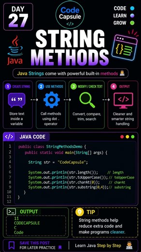 Java String Methods Explained 🚀 ✔ length() ✔ charAt() ✔ substring() ✔ toUpperCase()#Java #strings
