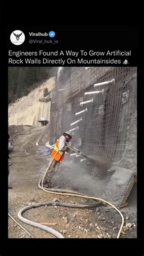 Viral Hub on Instagram: "engineers have found a way to "grow" artificial rock walls on mountainsides by spraying mineral-rich mixtures (like shotcrete with binders) onto reinforced mesh, forming rock-like layers that strengthen slopes, prevent erosion, and stop landslides, acting like a natural rock skin that blends in and hardhens over time, offering a sustainable alternative to heavy concrete. How It Works: Reinforcement: A steel mesh is first secured to the weak rock or soil on the mountain s