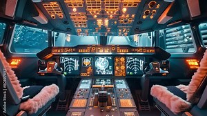 Space ship cockpit with lots of displays an buttons with orange light, Cockpit of a commercial aircraft