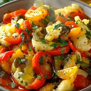 Poêlée de légumes méditerranéens à l’italienne Pour : 4 personnes Temps de préparation : 15 min Temps de cuisson : 20 min Ingrédients 400 g de chou-fleur (fleurettes) 250 g de carottes (en rondelles) 200 g de poivrons rouges (en lanières) 150 g d’oignons (émincés) 15 g de persil frais (ciselé) 4 c. à soupe d’huile d’olive (40 ml) 6 g de sel fin 3 g de poivre noir moulu 1 g de piment sec en flocons (optionnel) 100 ml d’eau Préparation 1. Découper le chou-fleur en petites fleurettes, éplucher les 