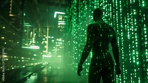 Binary Fusion: Full Body Matrix Code Portrait. Generative ai