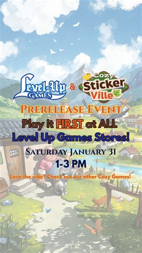 Join us Sat, Jan 31 for the Cozy Stickerville Prerelease at all Level Up Games! 🏡✨ Build your village in the ultimate stress-free sticker legacy game and be the first to take it home! Come play, then shop our curated collection of other cozy hits like Flamecraft and Stardew Valley to find your next zen moment. We can't wait to see you there! ☕ More Details Here: https://levelupgamesatl.com/2026/01/26/cozy-stickerville-level-up-games/ #LevelUpGames #CozyStickerville #CozyGaming #BoardGames #Tabl