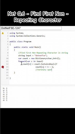 First Non-Repeating Character in a string in C#📌 #CSharp #DotNet #CodingInterview #DSA #Programming