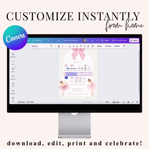 Customizable Ballerina Birthday Invitation | Instant Download | Printable Canva Template - Etsy UK